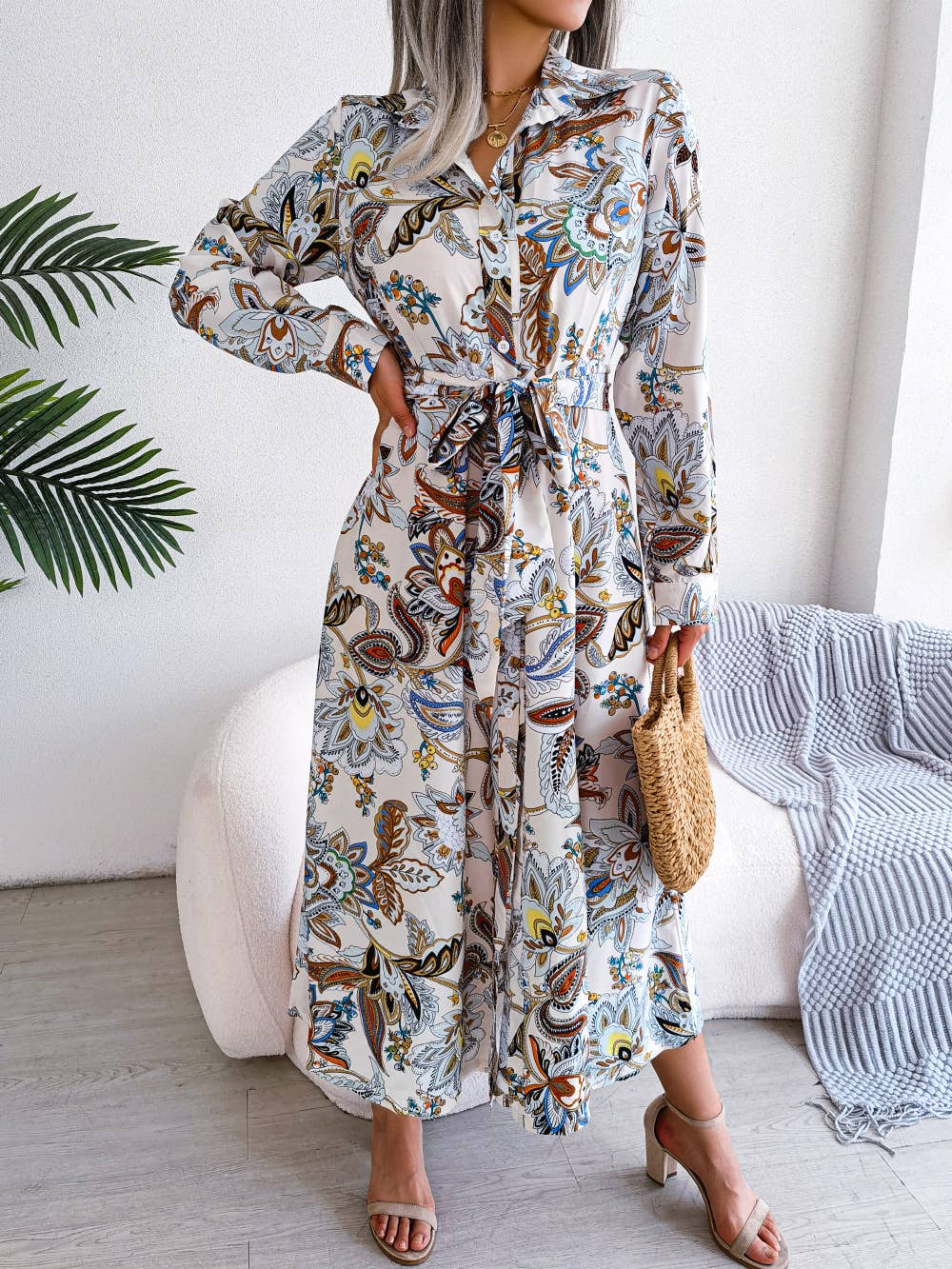 Paisley Print Tie-Waist Midi Shirt Dress