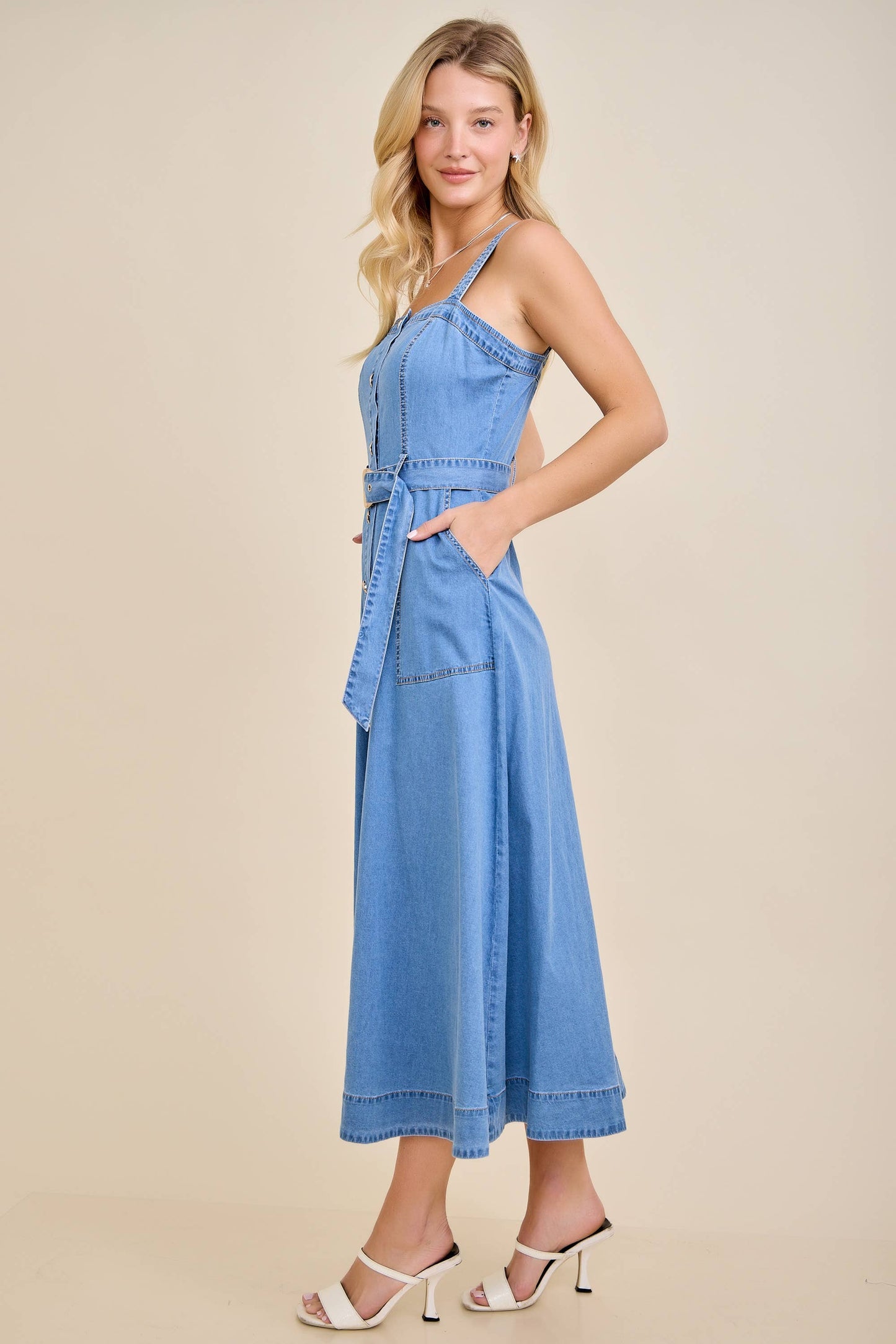 Amber Denim Belted Midi Dress