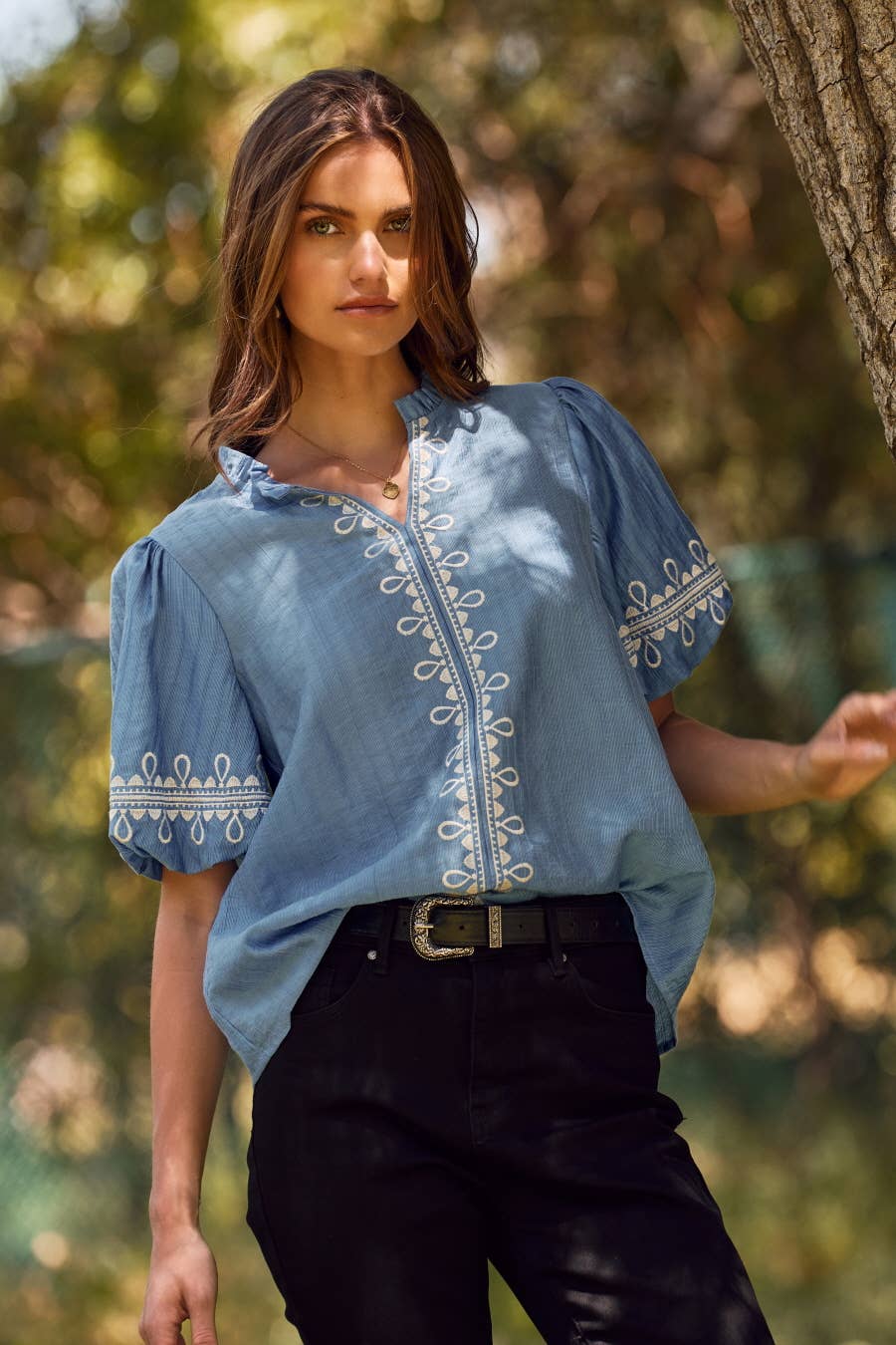 Elsie Embroidered Bubble Sleeve Blouse