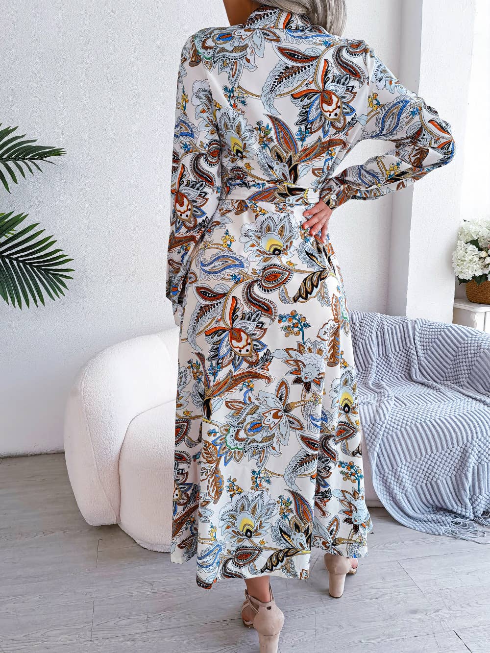Paisley Print Tie-Waist Midi Shirt Dress
