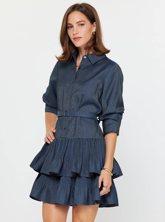 Denim Tiered Mini Shirt Dress: Denim