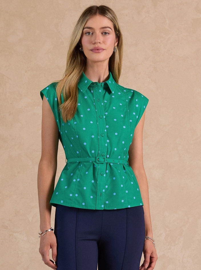 Polka Dot Belted Shirt Blouse
