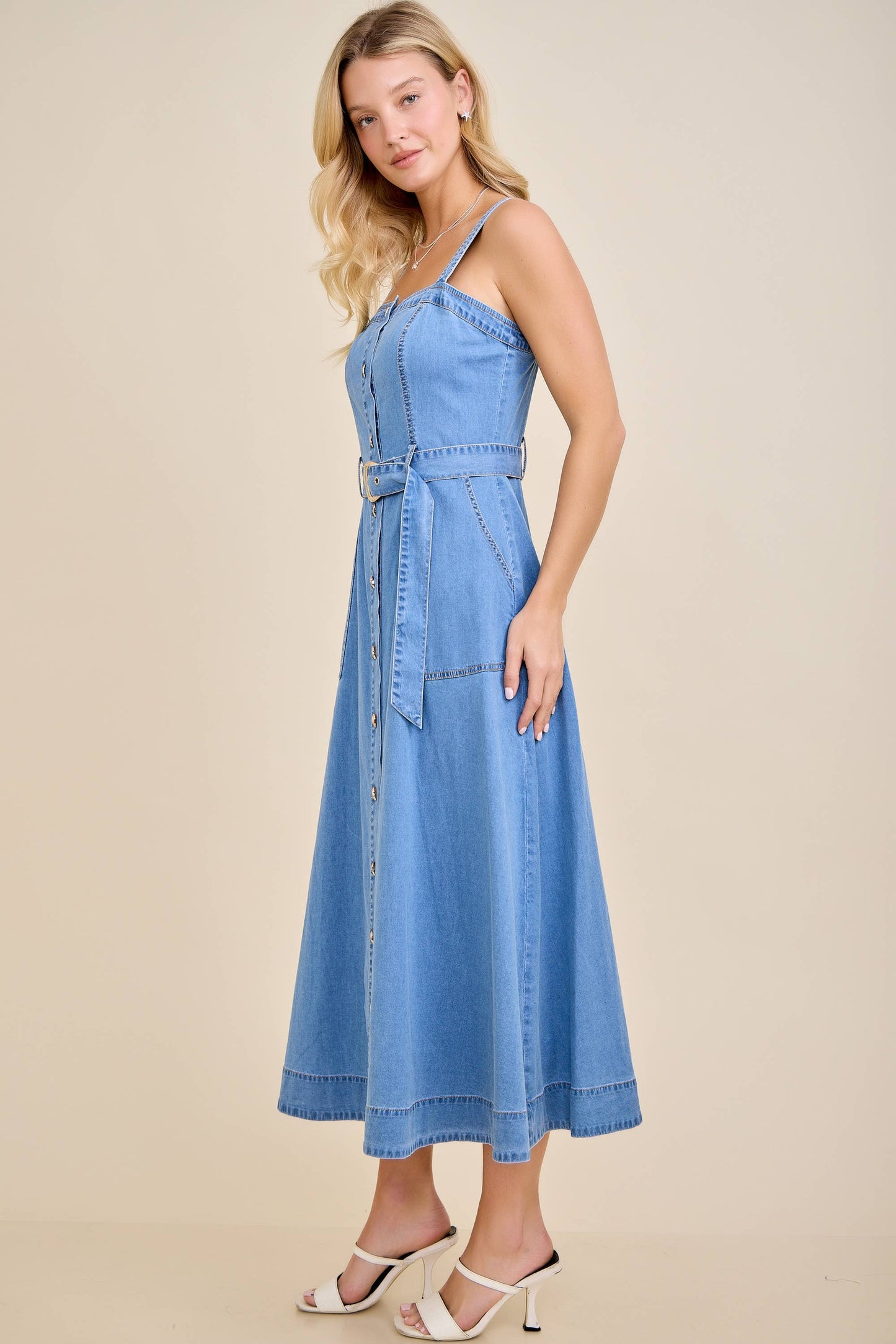 Amber Denim Belted Midi Dress