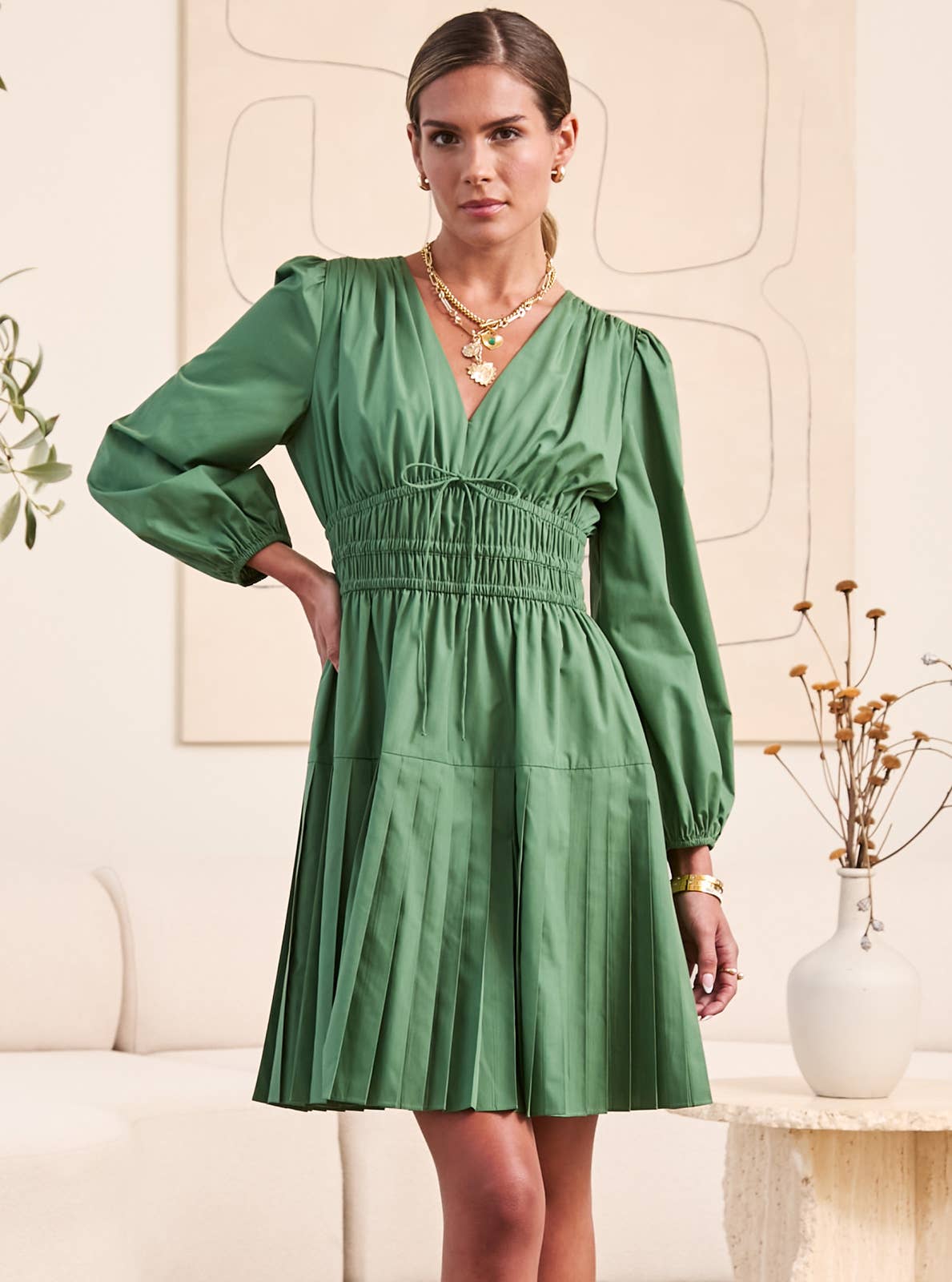 V-Neck Gathered Waist Mini Dress: Dusty Green