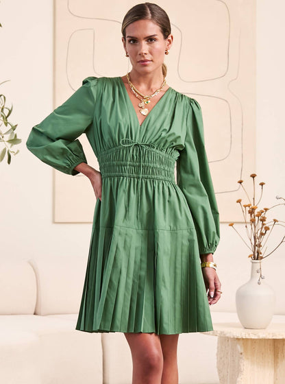 V-Neck Gathered Waist Mini Dress: Dusty Green