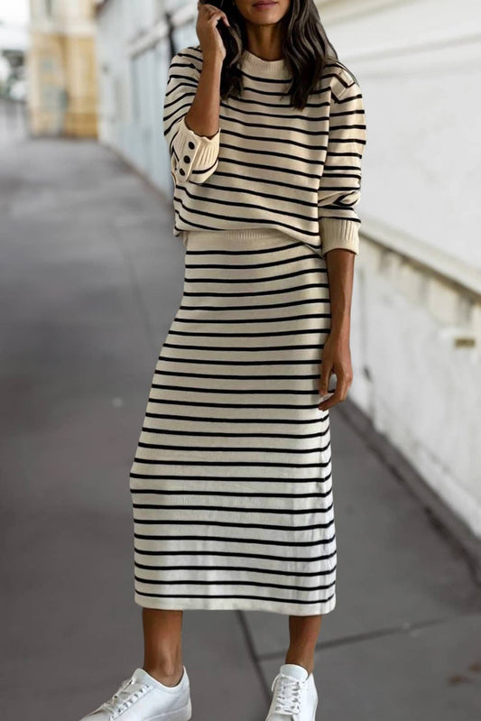 Stripe Button Cuff Top & Midi Skirt 2pcs Outfit : Black Stripe / L