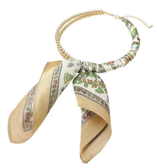 Tan Scarf & Gold Bead Necklace